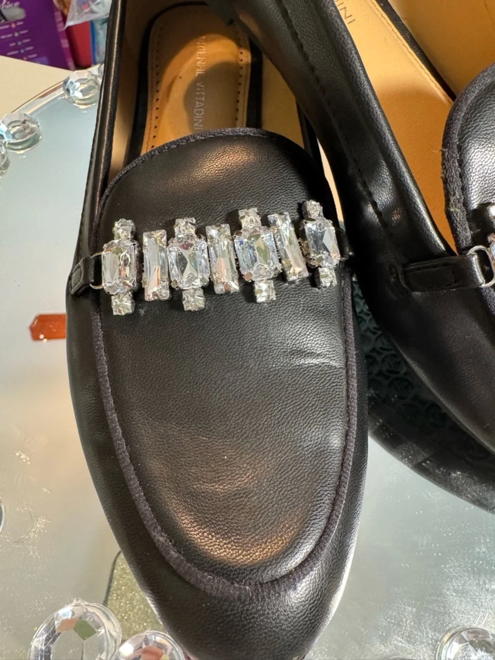 Adrienne Vittadini Women’s Black Loafers with Crystal Trim, NWOT
